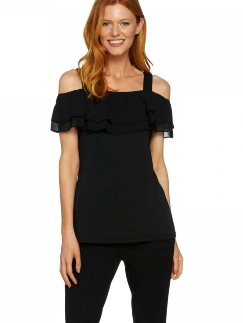 Susan Graver Premier Knit Tiered Ruffle Open-Shoulder Top